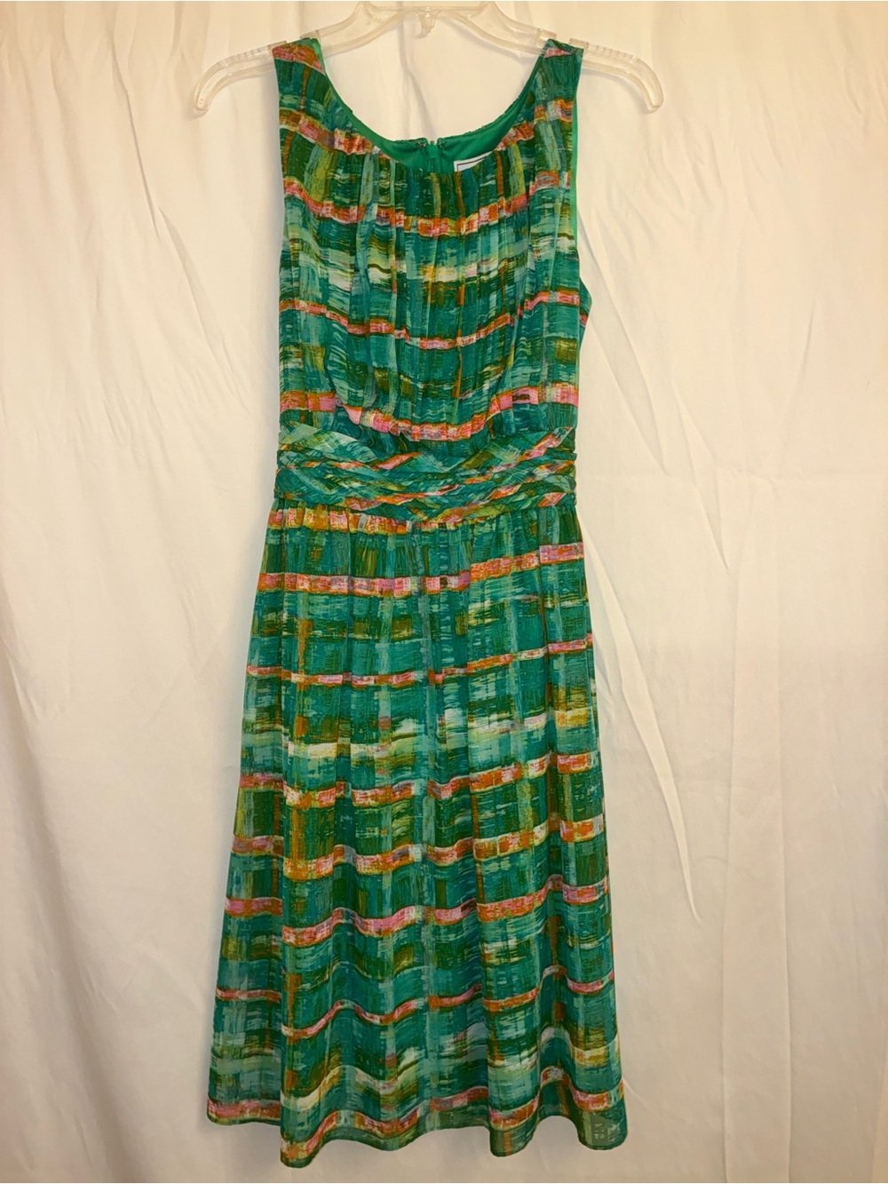 J. Howard Abstract Watercolor Grid Midi Dress Green Pink Orange Size 12 Pleated